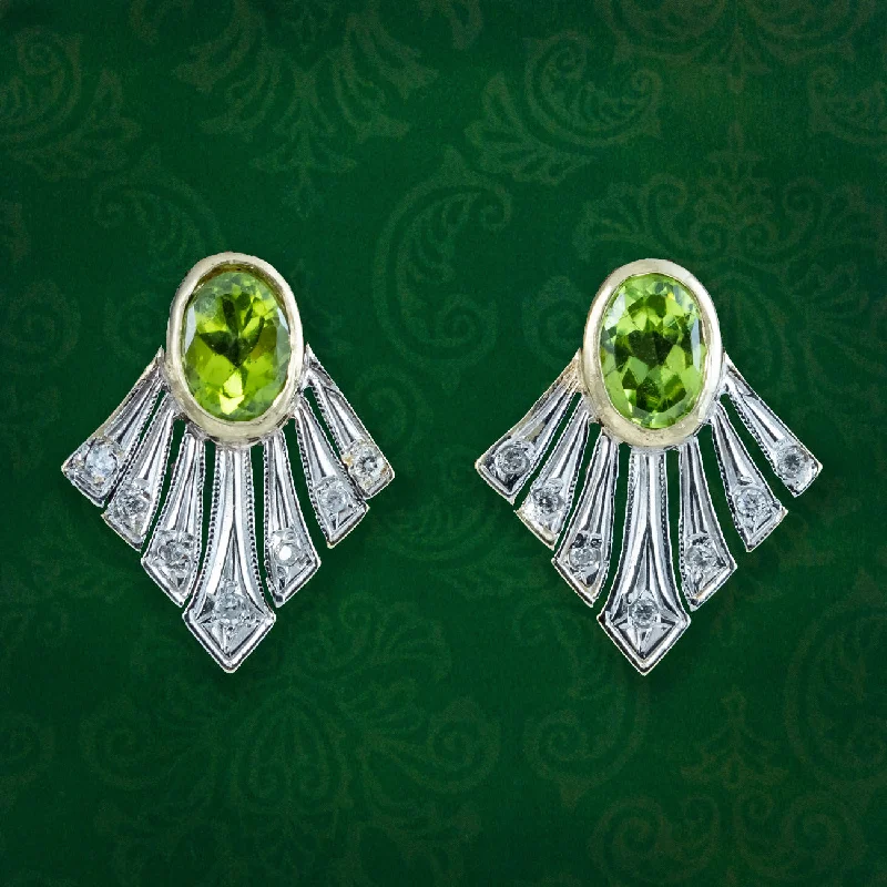 Stylish Earrings for Teen Girls-Art Deco Style Peridot Diamond Fan Earrings 9ct Gold