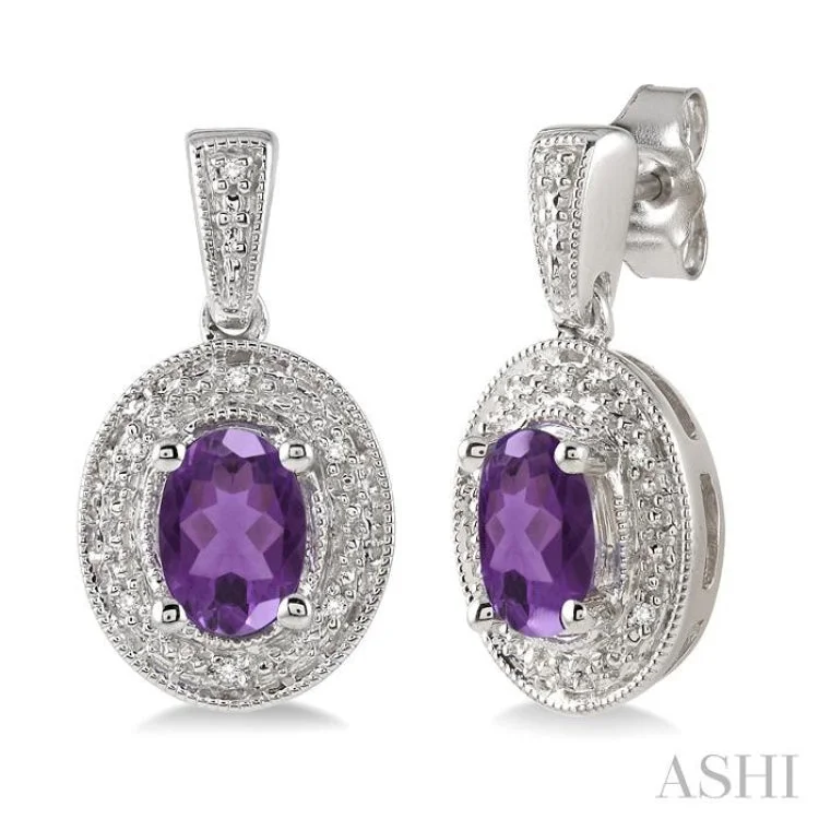 Silver Earrings for Sensitive Ears-7x5MM Oval Cut Amethyst and 1/20 Ctw Single Cut Diamond Earrings in Sterling Silver