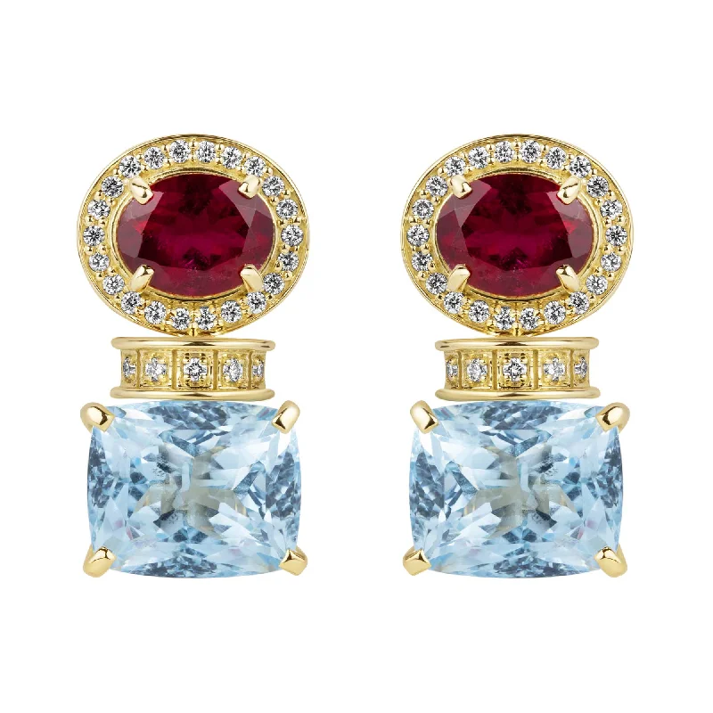 Chic Earrings for Stylish Women-Earrings - Rubellite, Blue Topaz And Diamond