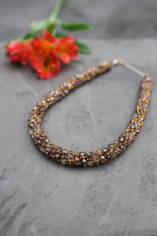 Beautiful Silver Necklace for Bridesmaids-Smoky Crystal Collar Necklace