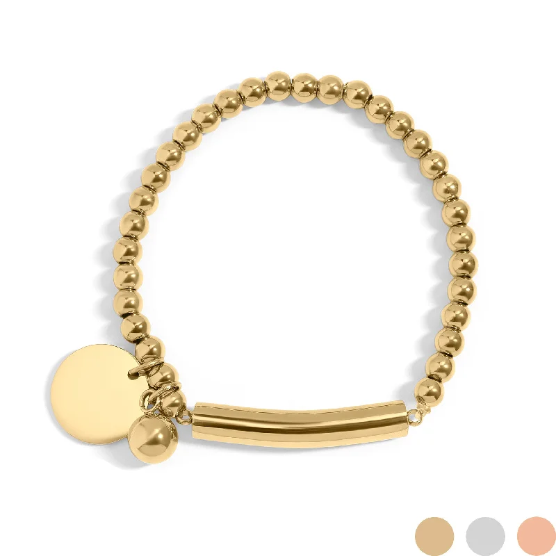 Fashionable Bracelet for Summer Style-18K Gold PVD Stainless Steel Beaded Stretch Bracelet with Engravable Charm / SBB0271