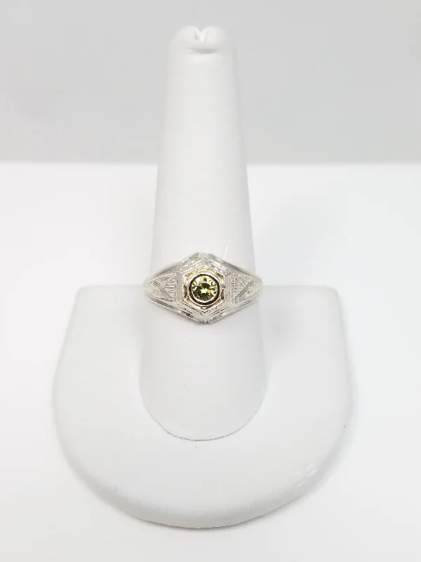 Rose Gold Engagement Ring-Art Deco 18k White Gold Green Gem Ring