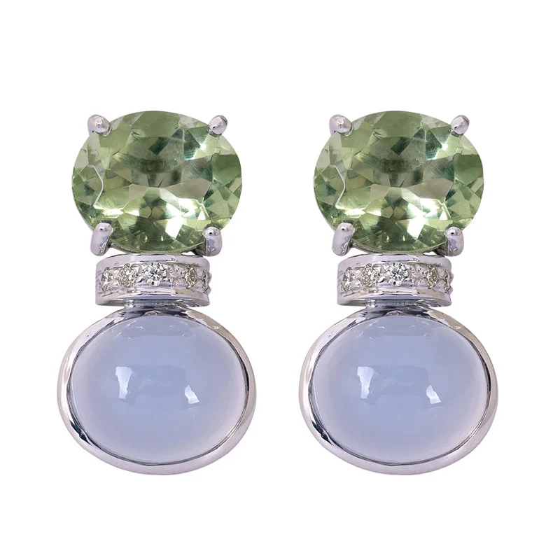 Pearl Drop Earrings for Brides-Earrings- Green Quartz, Chalcedony and Diamond