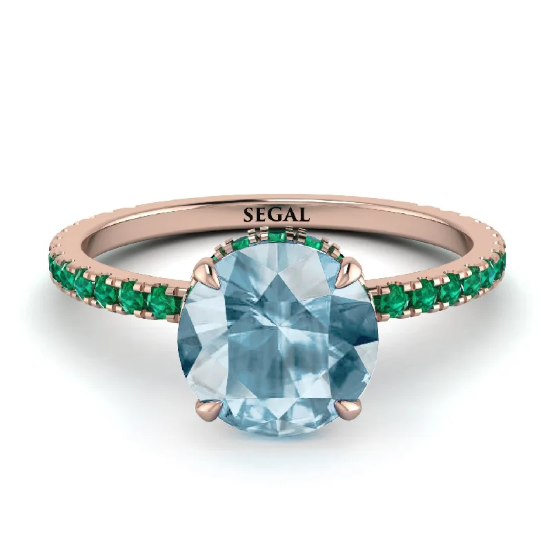 Wedding Band with Diamonds-Hidden Diamond Round Aquamarine Cat Claw Engagement Ring - Aurora No. 405