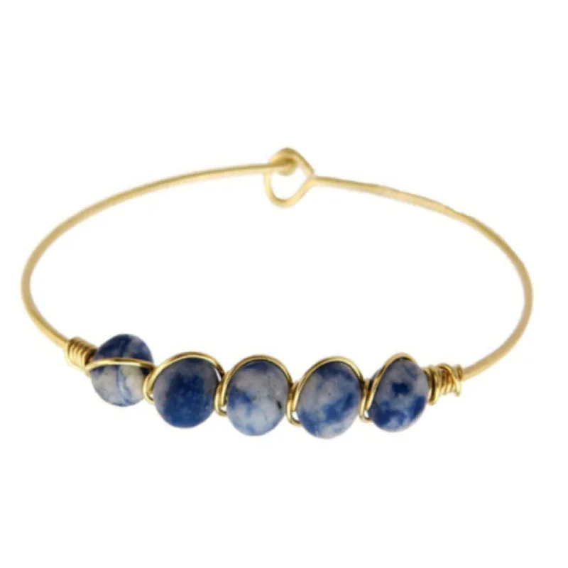 Handmade Bangles for Personal Style-Blue Sodalite Stone Beaded Gold Bangle Bracelet