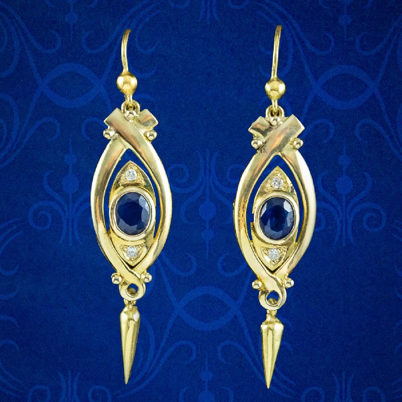 Pearl Earrings for Weddings-Vintage Sapphire Diamond Drop Earrings 14ct Gold