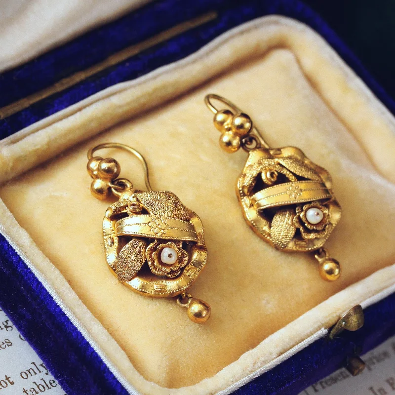 Bold Earrings for Fashionistas-Adorable Circa 1860's Floral Pinchbeck Drop Earrings