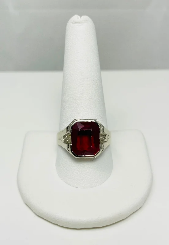 Custom Wedding Band for Couples-Art Deco 1930's 14k White Gold Synthetic Red Gem Ring