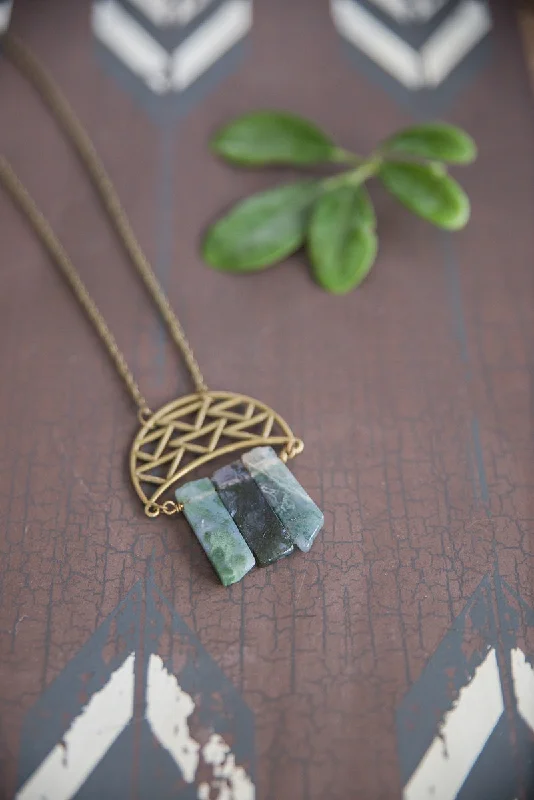 Rose Gold Pendant Necklace for Brides-Moss Agate Crescent  Necklace