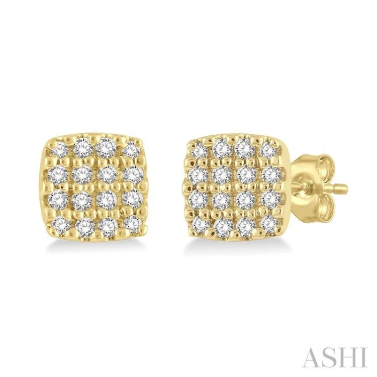 Handmade Gold Earrings-1/8 Ctw Cushion Shape Round Cut Diamond Petite Fashion Earring in 10K Yellow Gold