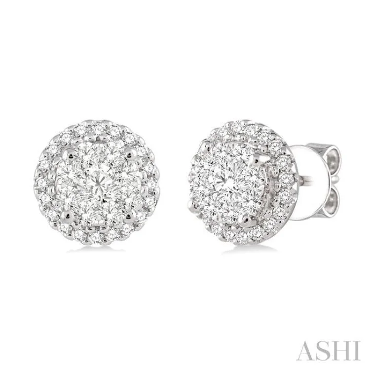 Fashionable Earrings for Teenagers-3/4 Ctw Lovebright Round Cut Diamond Earrings in 14K White Gold