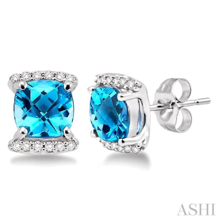 Bridal Earrings for Bride-to-be-6x6mm Cushion Cut Blue Topaz and 1/10 Ctw Round Cut Diamond Earrings in 14K White Gold