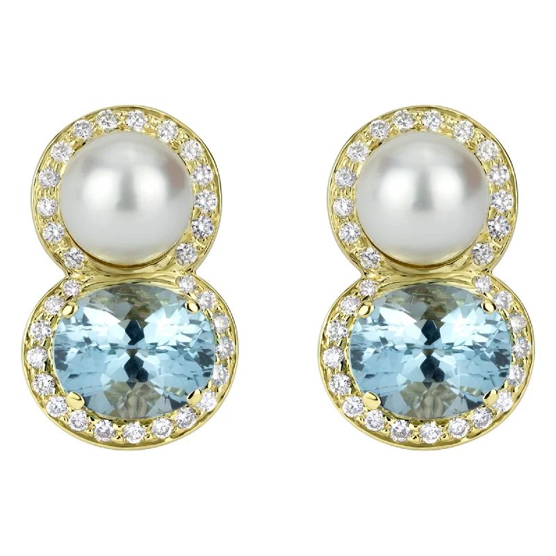 Elegant Stud Earrings for Weddings-Earrings - South Sea Pearl, Blue Topaz And Diamond