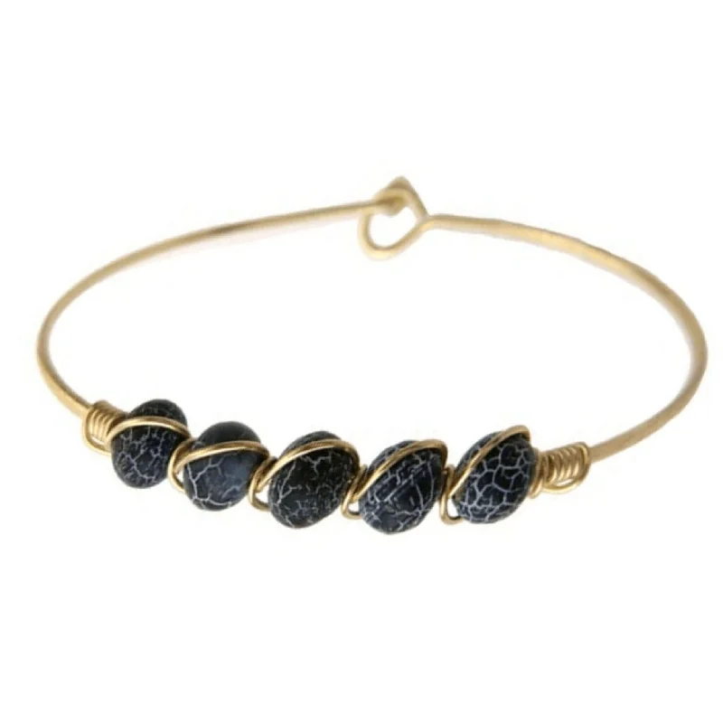 Beautiful Gold Bangles for Bridesmaids-Black Agate Beaded Gold Bangle Bracelet