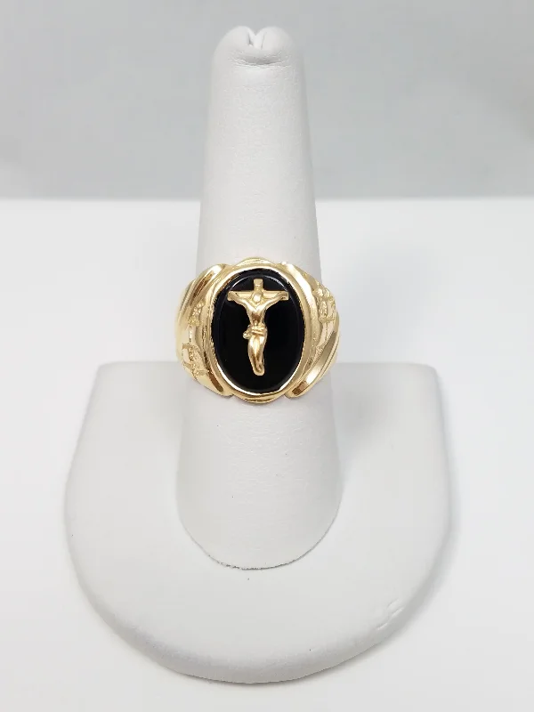 Unique Promise Ring for Her-Crucifix Onyx 10k Yellow Gold Ring