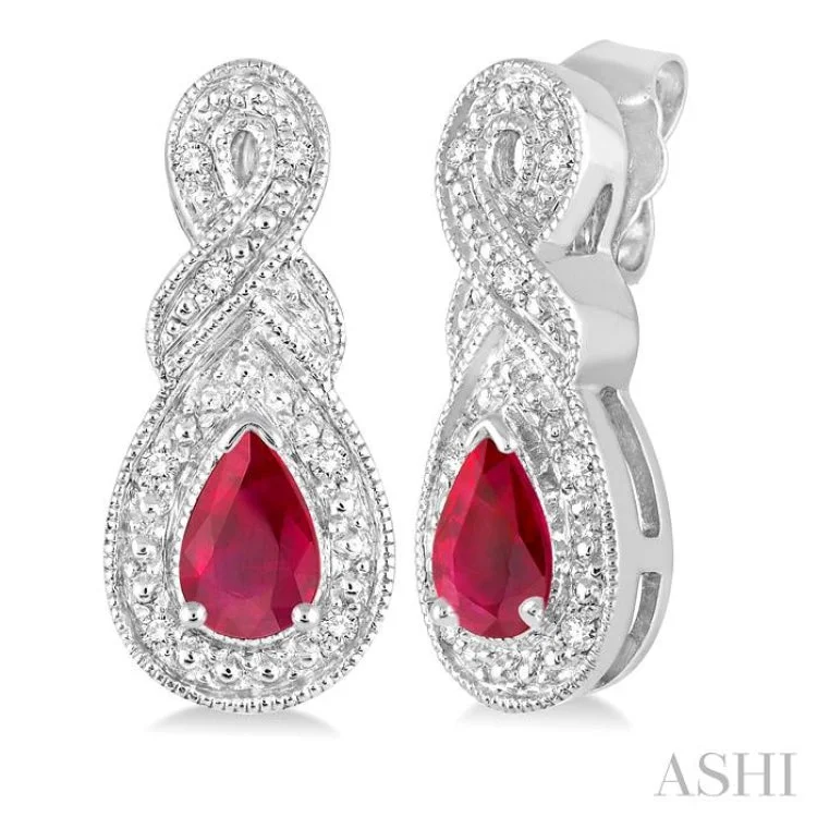 Timeless Earrings for Special Occasions-5x3 MM Pear Shape Ruby and 1/20 Ctw Round Cut Diamond Earrings in Sterling Silver