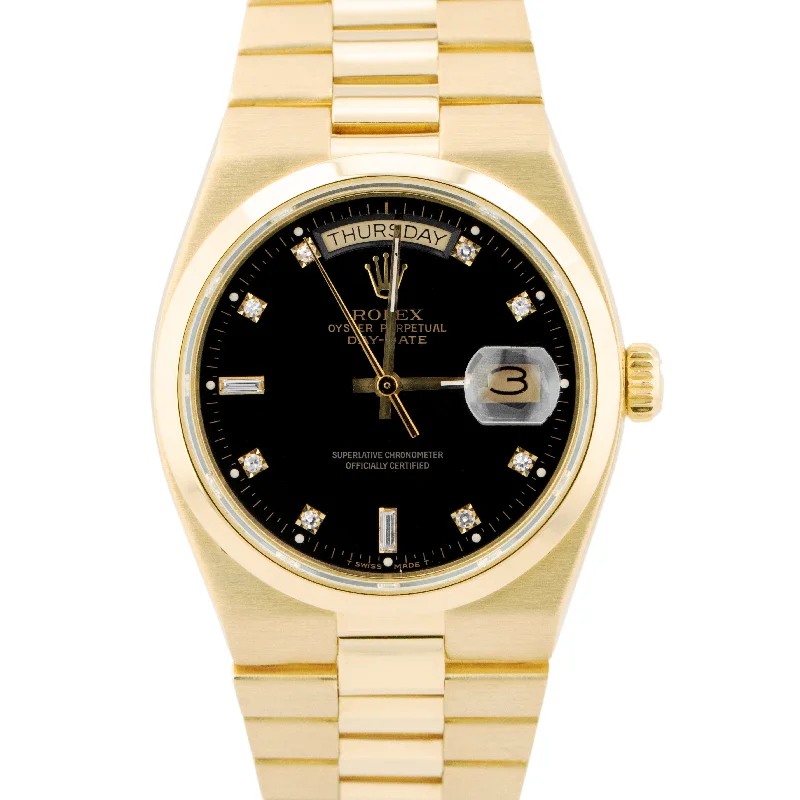 Luxury Watches with Skeleton Design-Rolex OysterQuartz Day-Date President Black Diamond 18K Gold 36mm Watch 19018