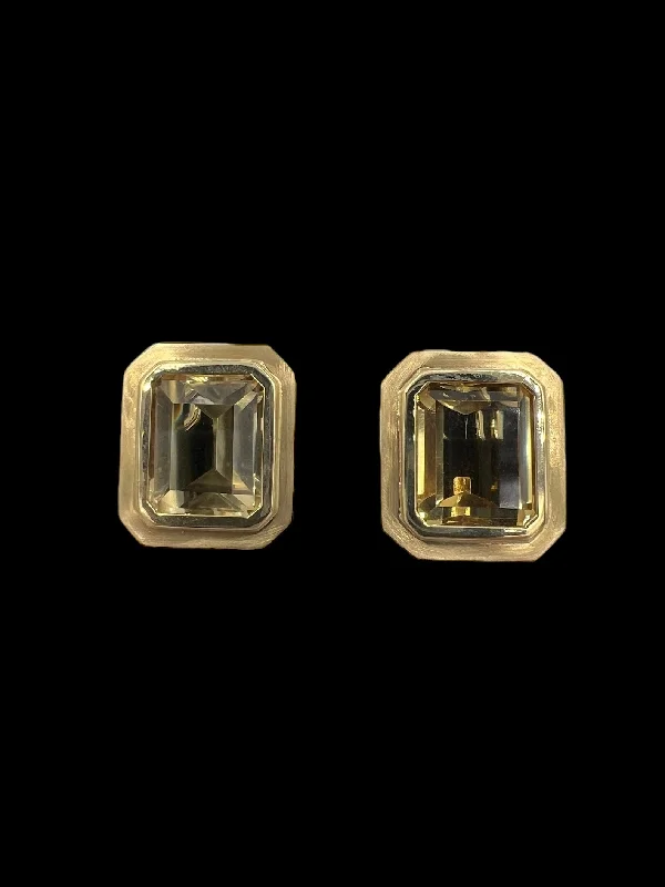 Large Gemstone Earrings for Special Events-1970s Emerald Cut Citrine 14k Yellow Gold Clip And Post Earrings