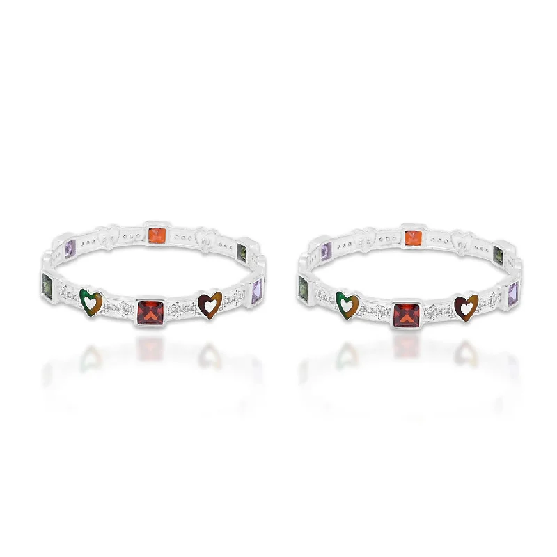 Handcrafted Silver Bangles-Elegant Silver Bangles with Heart Designs and Gemstones