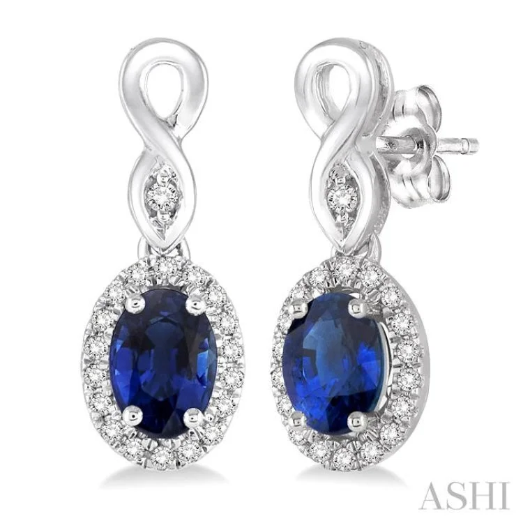 Statement Earrings for Girls-5x3 MM Oval Cut Sapphire and 1/6 Ctw Round Cut Diamond Earrings in 10K White Gold