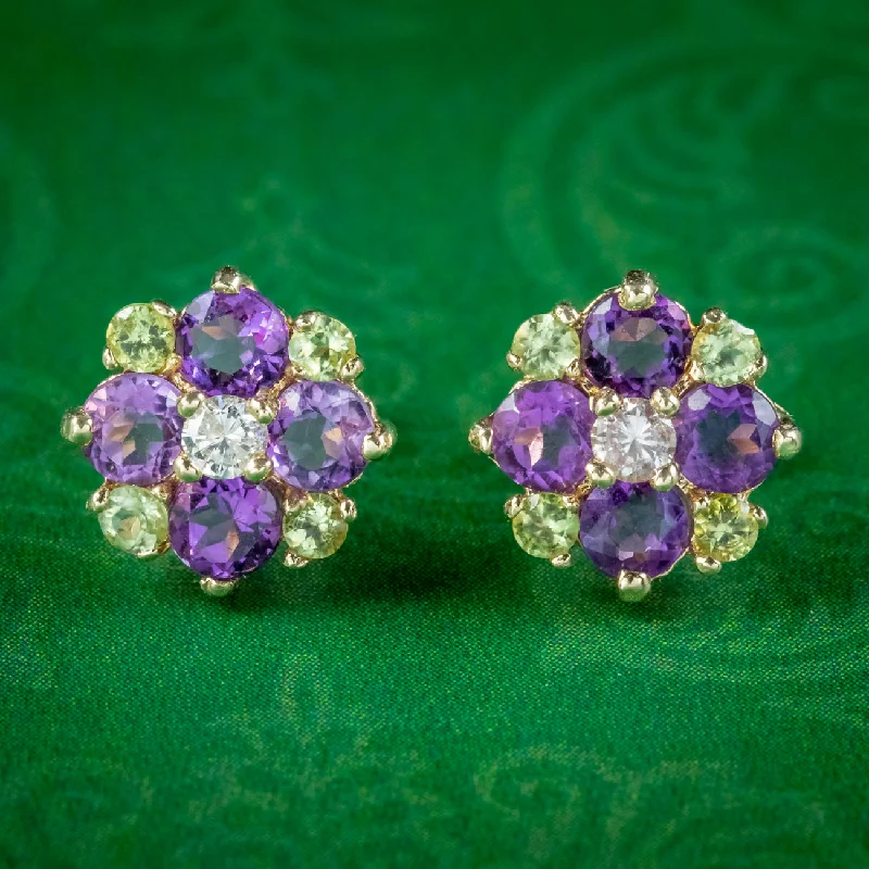 Long Silver Earrings-Edwardian Style Suffragette Stud Earrings Amethyst Peridot Diamond