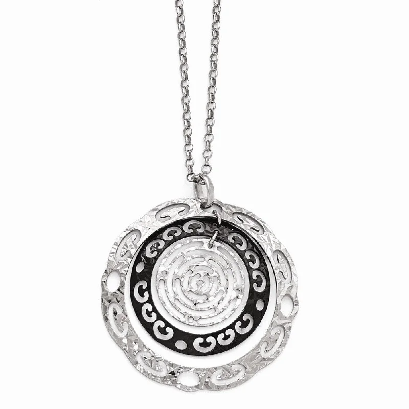 Classic Silver Necklace for Women-Two Tone Cutout Circle Necklace in Black Plated Sterling Silver, 18 in