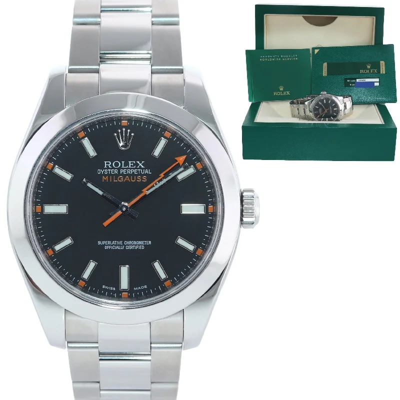 Watches with Dual Time Zones for Travelers-MINT PAPERS Rolex Milgauss 116400 Black Dial 40mm Steel Oyster Watch Box