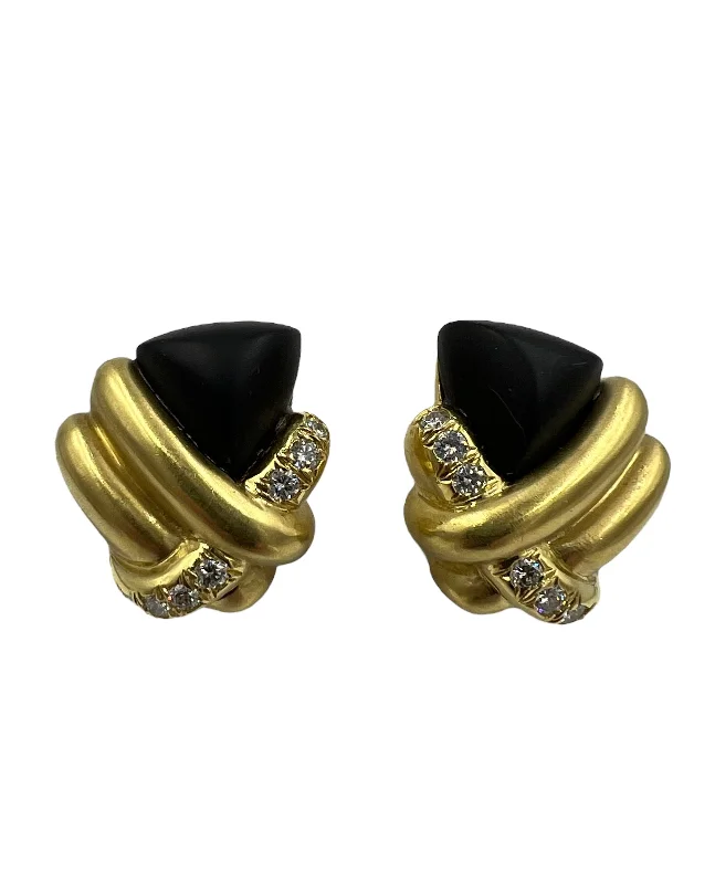 Fashion Forward Earrings for Teen Girls-1970s Marlene Stowe Matte Onyx Diamond 18k Yellow Gold Clip On Earrings