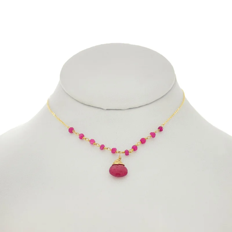 Gemstone Necklace for Summer Events-French Pink - Ruby Drop & Rondelles Necklace