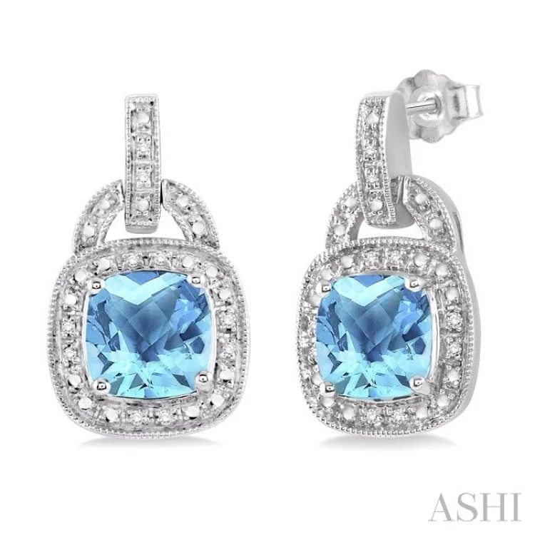 Earrings for Sensitive Ears-8x8MM Cushion Cut Blue Topaz and 1/10 Ctw Single Cut Diamond Earrings in Sterling Silver