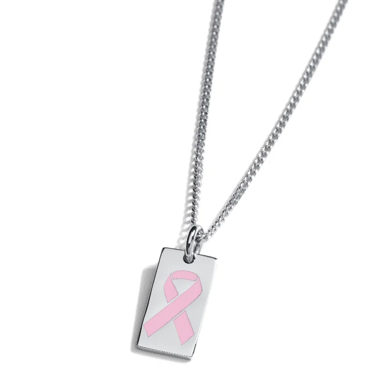 Personalized Heart Necklace for Moms-Pink Ribbon Tag Necklace