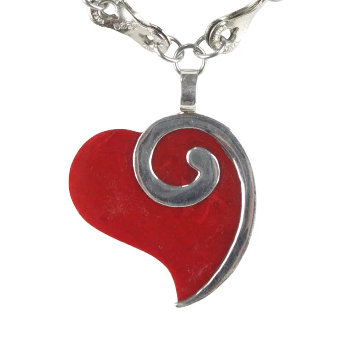 Trendy Necklace for Young Adults-Coral Heart & Silver Swirl Necklace