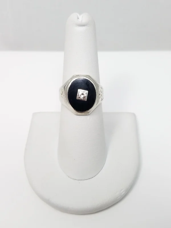 Customizable Promise Ring-Casual 10k White Gold Art Deco 1930's Natural Onyx Diamond Ring Band