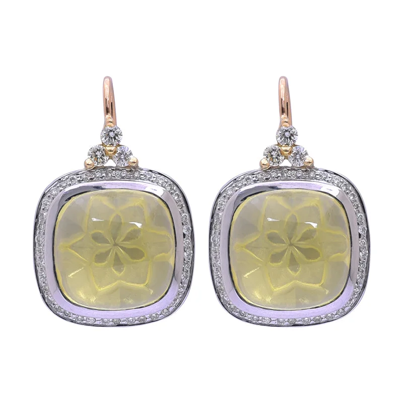 Vintage Drop Earrings for Women-Earrings- Lemon Quartz and Diamond