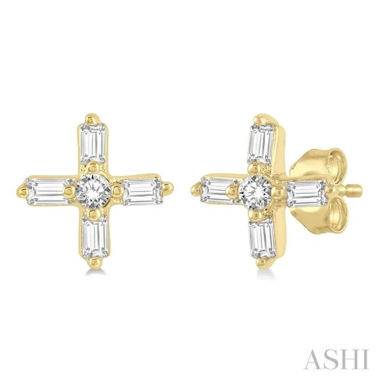 Acrylic Earrings for Casual Looks-1/10 Ctw Greek Cross Baguette and Round Cut Diamond Petite Earring in 10K Yellow Gold