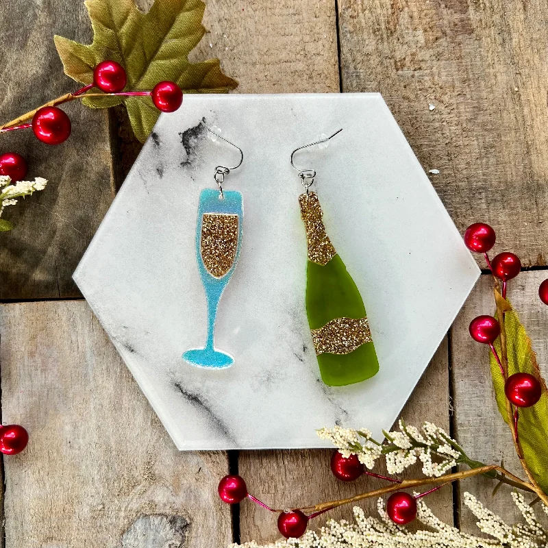 Modern Earrings for Women-Champagne bottle & flute Earrings