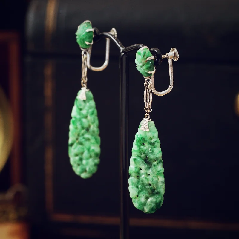 Pearl Earrings for Weddings-Hand Carved Vintage Jadeite Drop Earrings