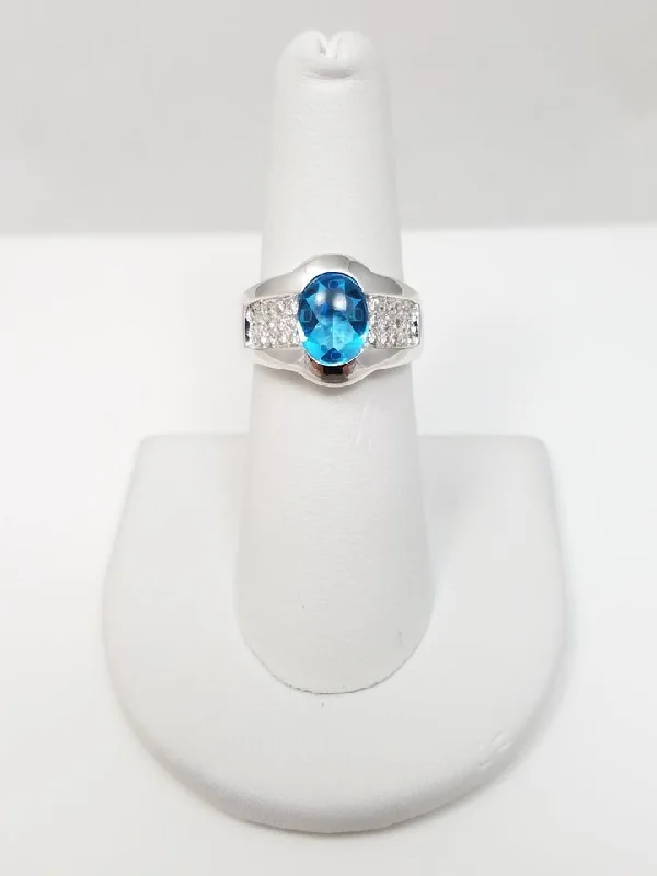 Personalized Gold Ring for Women-Flashy 18k White Gold Natural Blue Topaz Diamond Ring