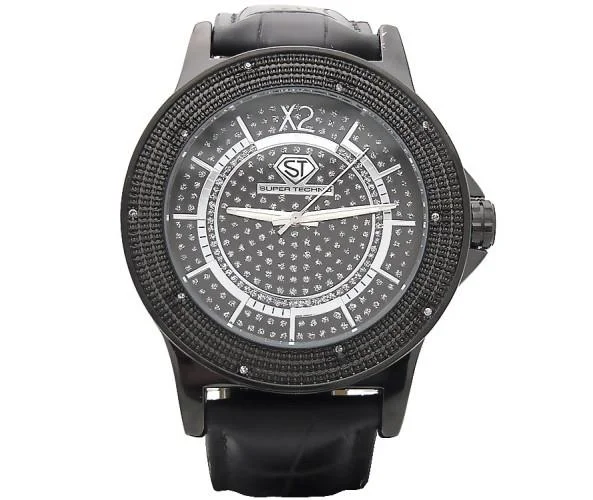 Trendy Smart Watches for Modern Living-Super Techno Watch All Black .10ct Genuine Diamonds