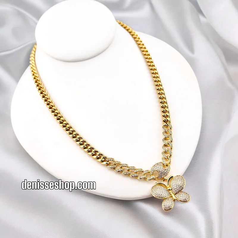 Long Chain Necklace for Stylish Look-14K BUTTERFLY CUBAN NECKLACE SET N231