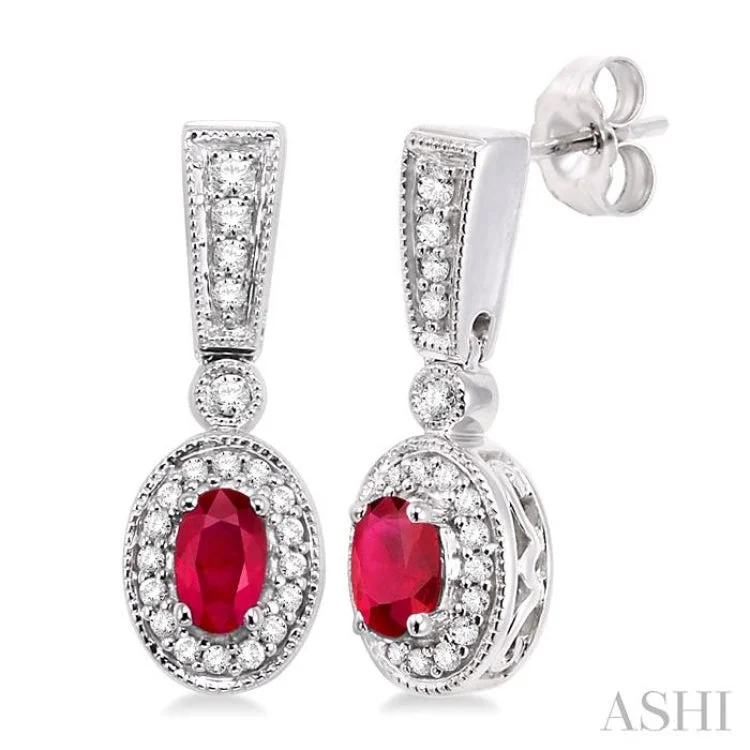 Handmade Hoop Earrings for Women-5x3MM Oval Cut Ruby and 1/3 Ctw Round Cut Diamond Earrings in 14K White Gold