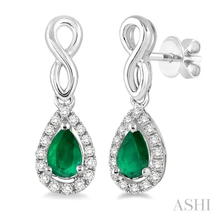 Chunky Statement Earrings for Bold Style-5x3 MM Pear Shape Emerald and 1/6 Ctw Round Cut Diamond Earrings in 10K White Gold