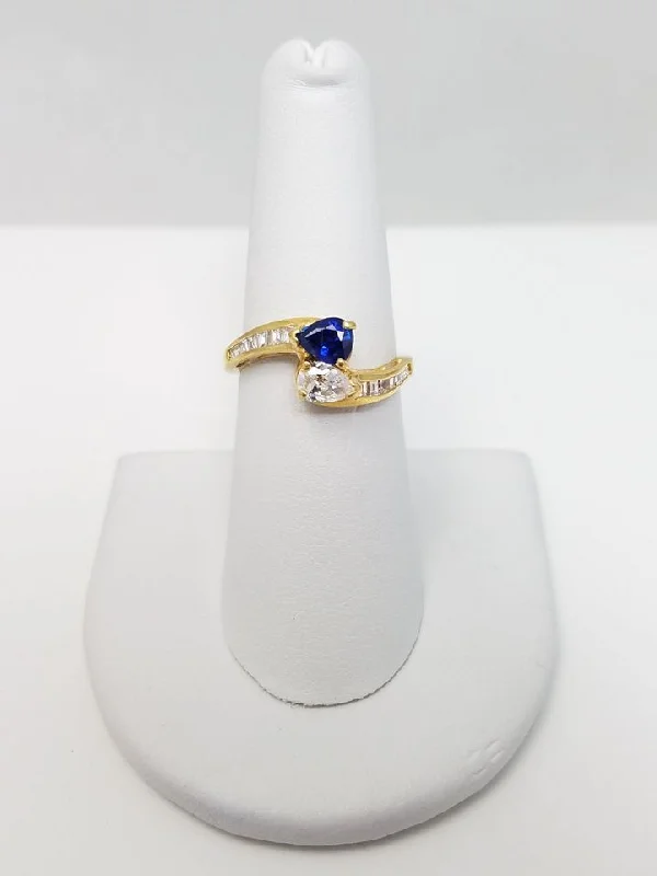 Stylish Gold Ring for Special Occasions-Enchanting 18k Yellow Gold Cubic Zirconia Natural Sapphire Diamond Toi Et Moi Ring