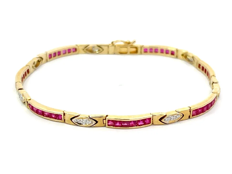 Silver Bracelet with Birthstone Charms-Princess Cut Red Ruby and Diamond Link Bracelet in 14k Yellow Gold