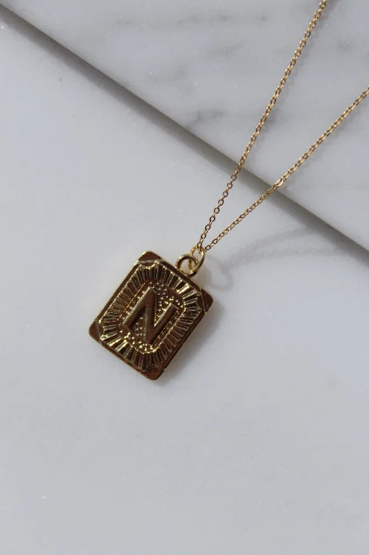 Layered Necklace with Multiple Charms-Gold Rectangle Block Letter Necklace