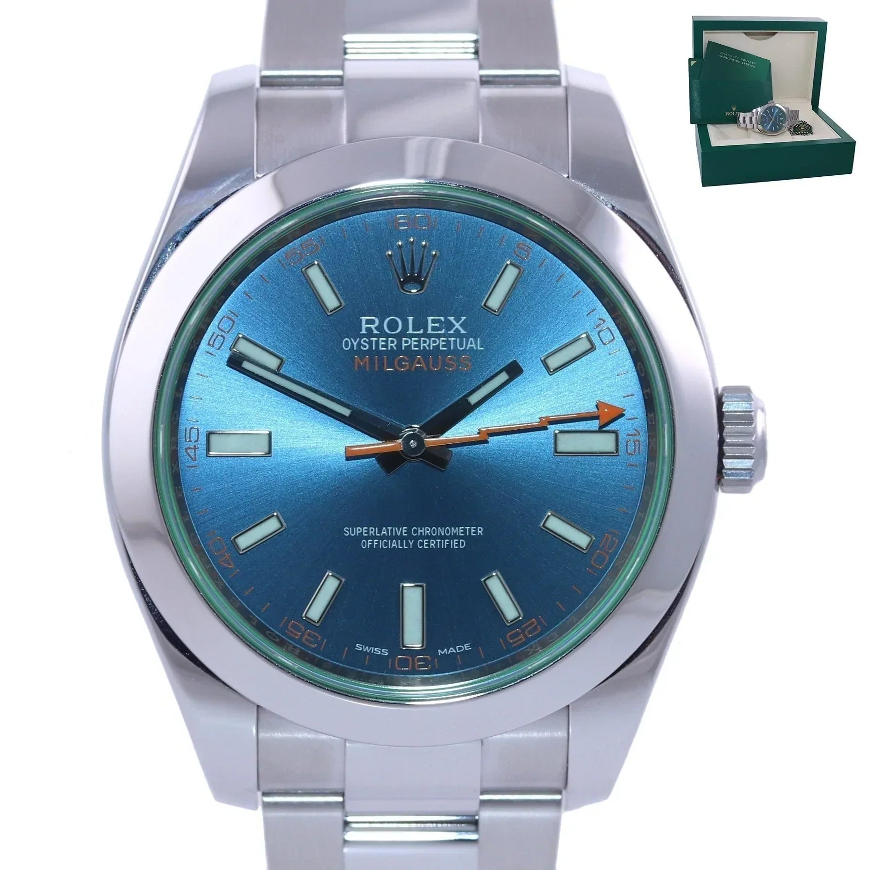 Best Watches for Running and Sports-MINT 2022 Rolex Milgauss Blue Anniversary Green 116400GV Steel 40mm Watch Box