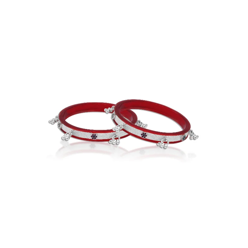 Customizable Bangle Bracelets-Stylish Silver Bangles with Flower Design and Ghungroo Features