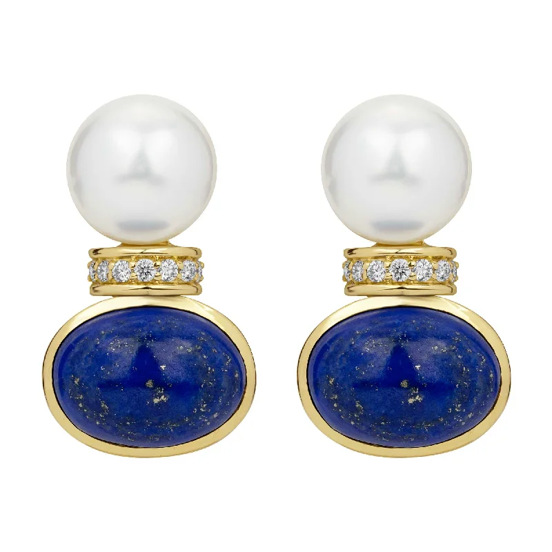 Unique Gem Earrings for Fashion-Earrings - South Sea Pearl, Lapis Lazuli And Diamond