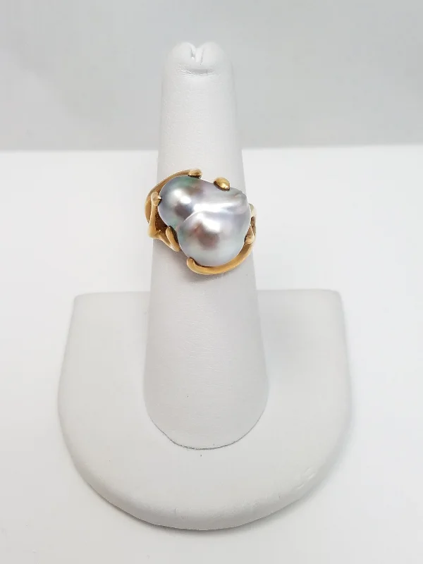 Large Gemstone Ring for Statement-Custom 14k Yellow Gold Natural Baroque Cultured Pearl Ring