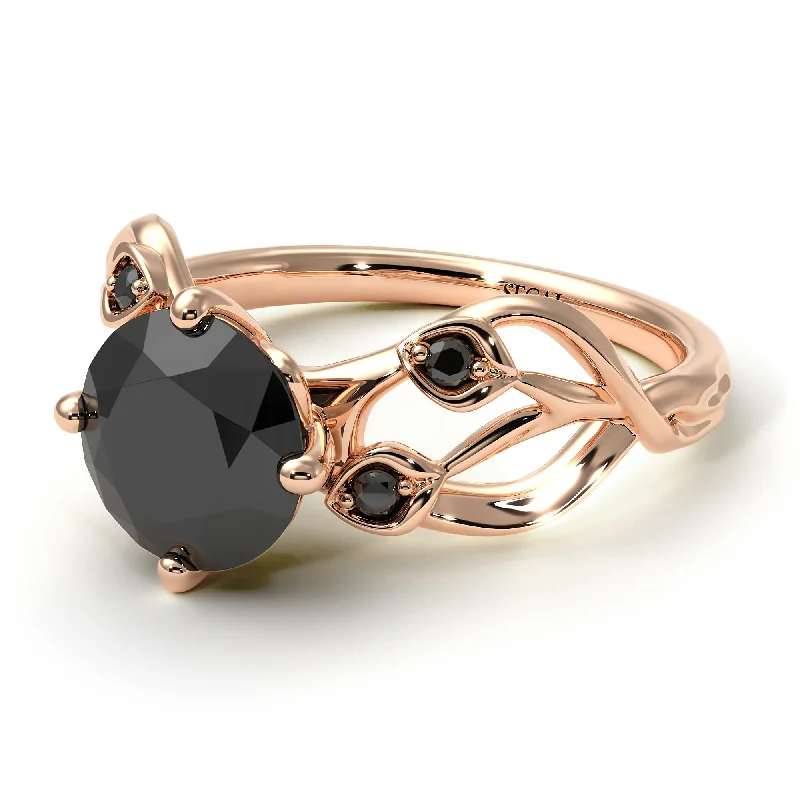 Luxury Diamond Ring for Engagement-Black Diamond Blossom 14K Golden Nature Inspired Engagement Ring - Haley No. 38